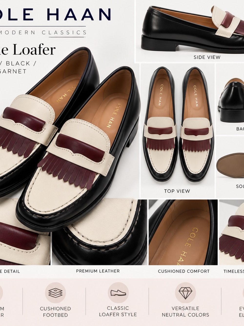 Cole Haan Cream, Black & Garnet Leather Penny Loafers